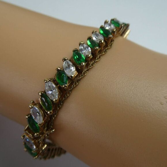 Edco Vintage Green White Rhinestone Tennis Bracelet W/ Safety Chain Gold Sparkly - Picture 3 of 8